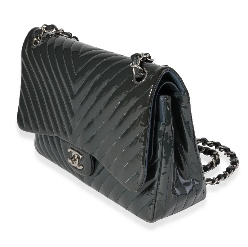 Chanel Navy Chevron Quilted Patent Jumbo Classic Double Flap Bag