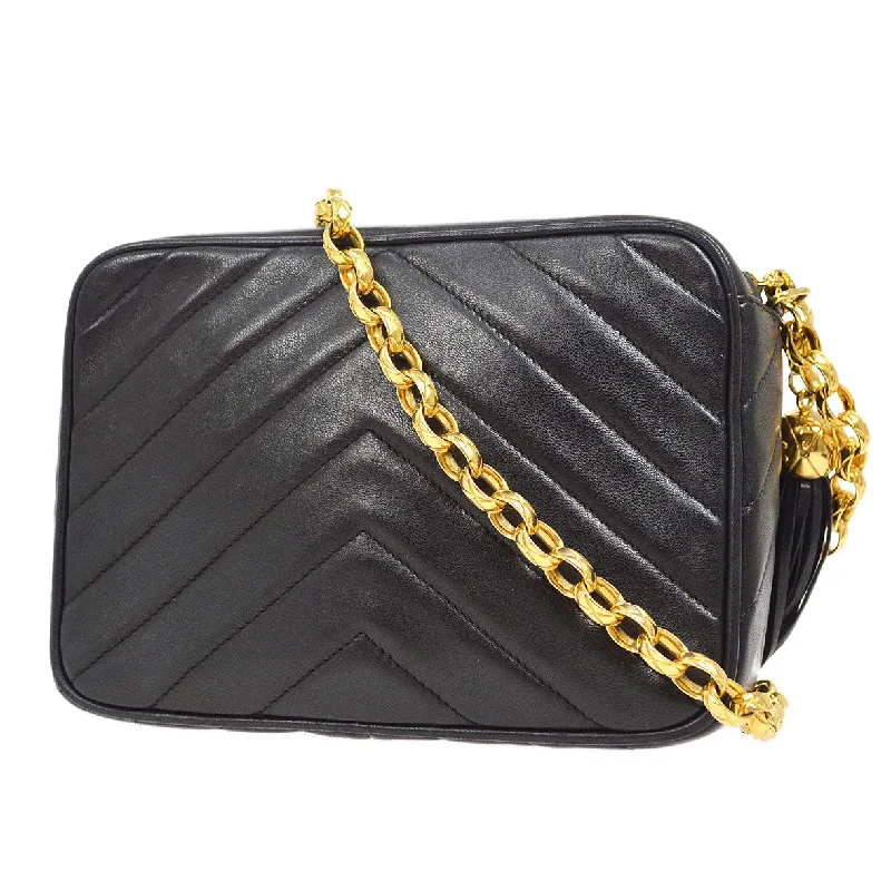 CHANEL 1991-1994 Chevron Pocket Camera Bag Mini Black Lambskin