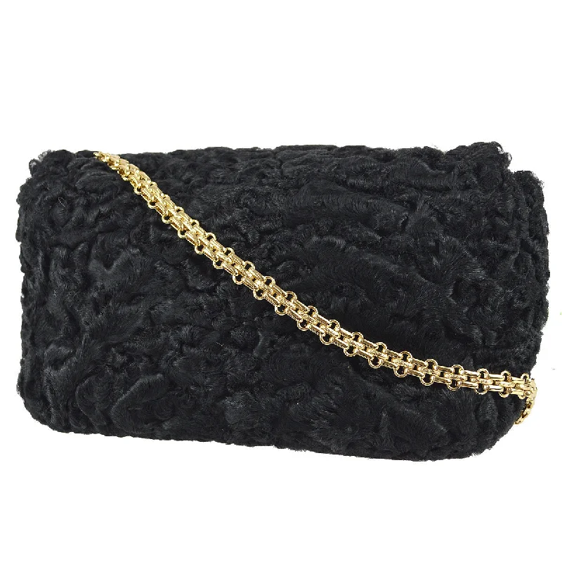 Chanel Straight Flap Chain Shoulder Bag Black Astrakhan Fur