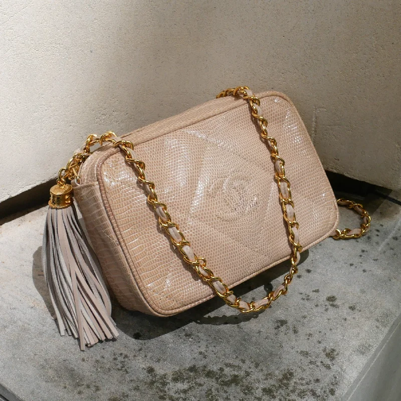 CHANEL * 1986-1988 Beige Lizard Diamond Camera Bag Mini