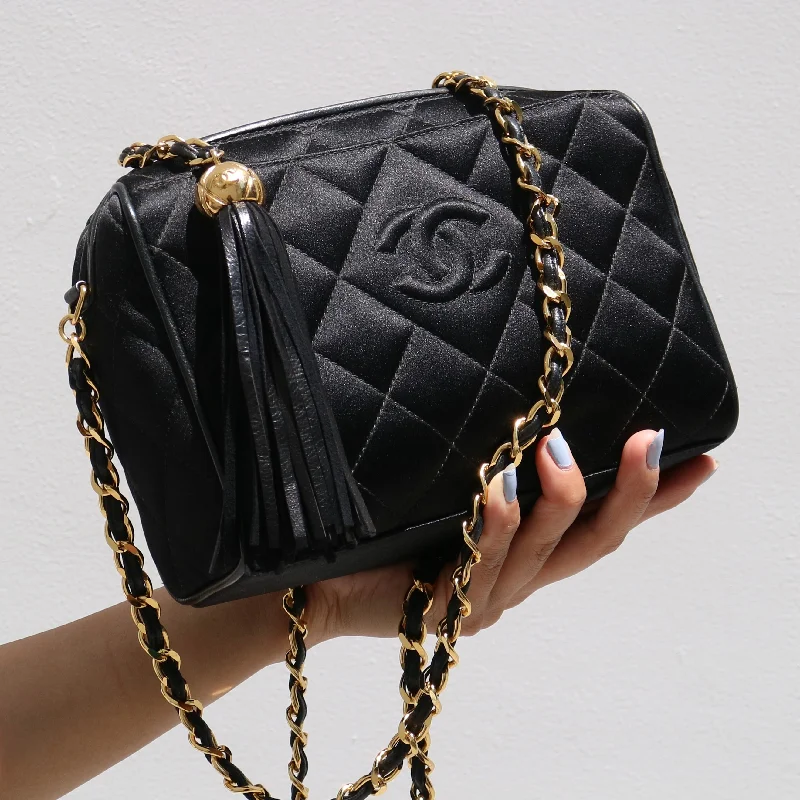 CHANEL 1994-1996 Black Satin Diamond Camera Bag Mini