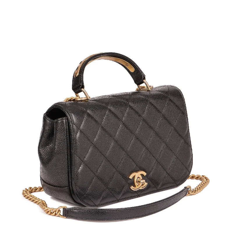 Chanel Black Quilted Caviar Leather Medium Classic Top Handle Flap Bag