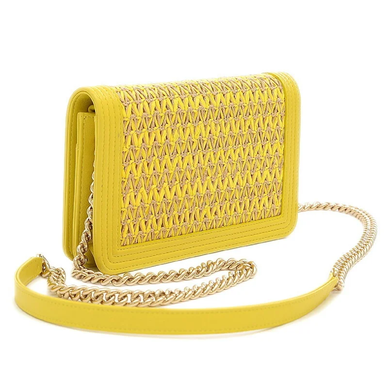 Chanel Boy Chain Wallet Long Raffia Leather Yellow A81969