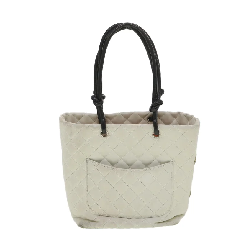 CHANEL Cambon Line Tote Bag Lamb Skin White CC  am3907