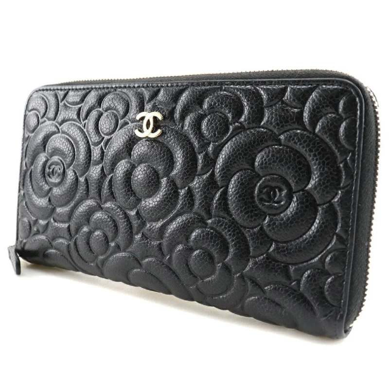 CHANEL Camellia Emboss Cocomark A82281 Matte Caviar Skin Black Women's Long Wallet