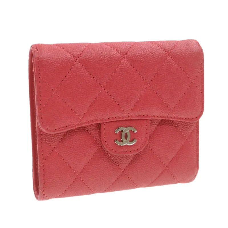 CHANEL Caviar Skin Matelasse Wallet Pink Red CC  18734A