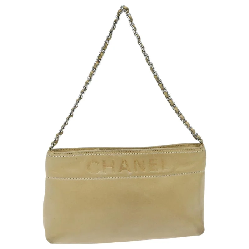 CHANEL Chain Shoulder Pouch Leather Beige Silver CC  96004