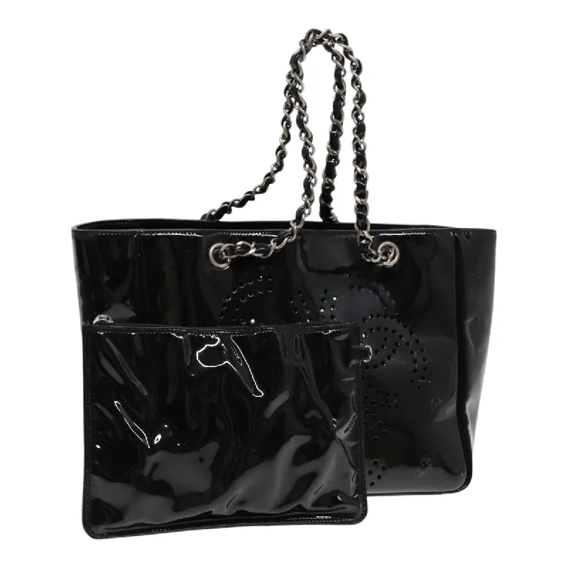 CHANEL Chain Tote Bag Patent leather Black Silver CC  86039