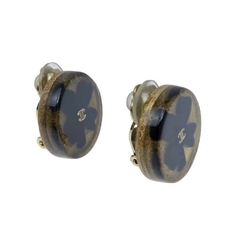 Chanel Clover Motif Earring 01C One Pair Coco CC Mark Black G Accessories