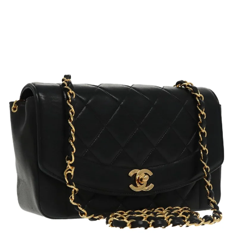 CHANEL Diana Matelasse Chain Shoulder Bag Lamb Skin Black Gold CC  94641S