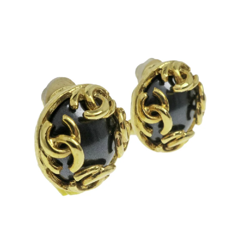 Chanel Earring 95A Round One Pair Coco Mark CC Color Stone Black G Accessoires