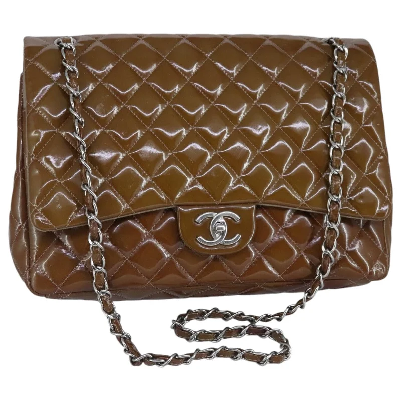 CHANEL Matelasse Chain Shoulder Bag Enamel Brown Silver CC  97455