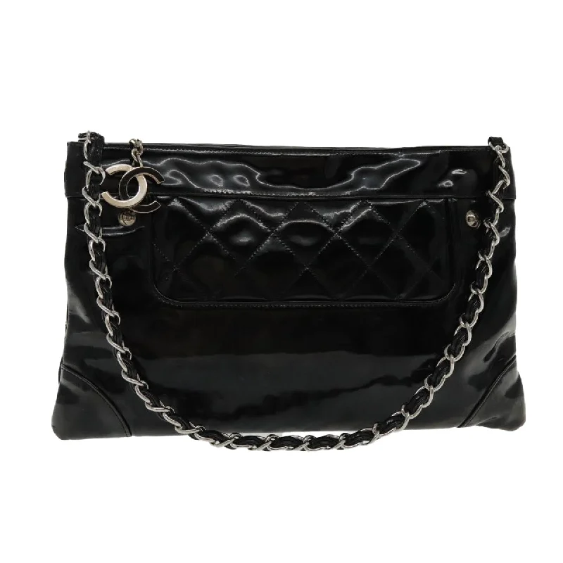 CHANEL Matelasse Chain Shoulder Bag Patent leather Black Silver CC  bs18654