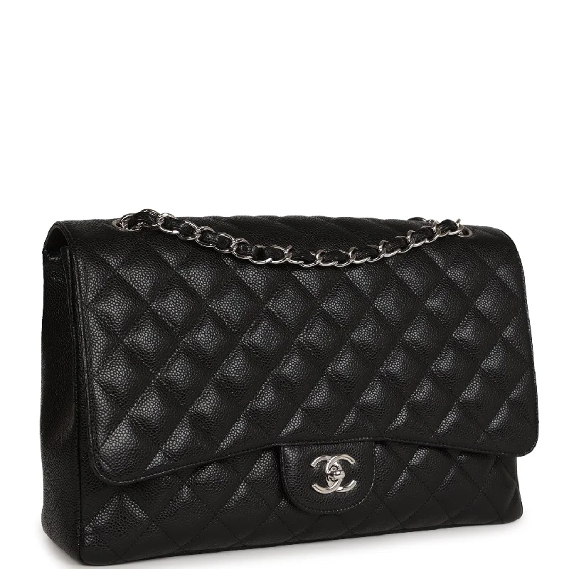 Chanel Maxi Classic Single Flap Bag Black Caviar Silver Hardware