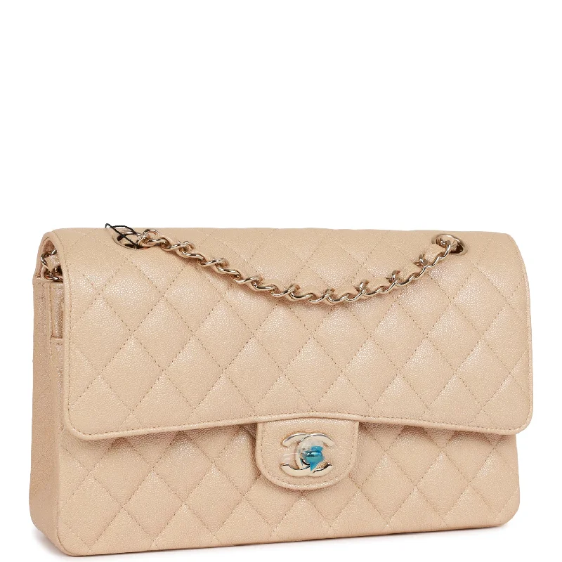 Chanel Medium Classic Double Flap Bag Beige Iridescent Caviar Light Gold Hardware