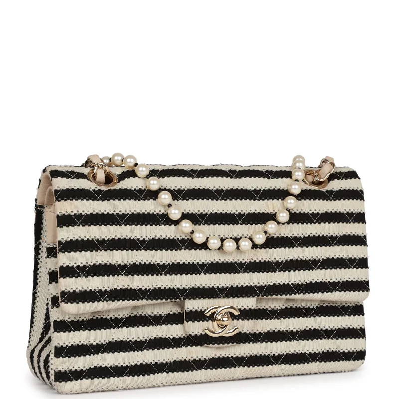 Chanel Medium Classic Double Flap Bag Black and Beige Striped Silk Light Gold Hardware