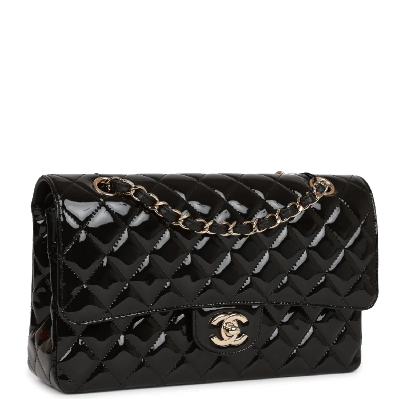 Chanel Medium Classic Double Flap Bag Black Patent Light Gold Hardware