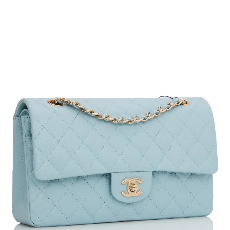 Chanel Medium Classic Double Flap Bag Blue Quilted Caviar Light Gold Hardware