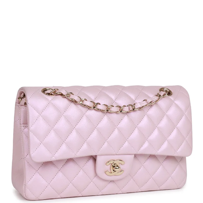 Chanel Medium Classic Double Flap Bag Pink Iridescent Lambskin Light Gold Hardware