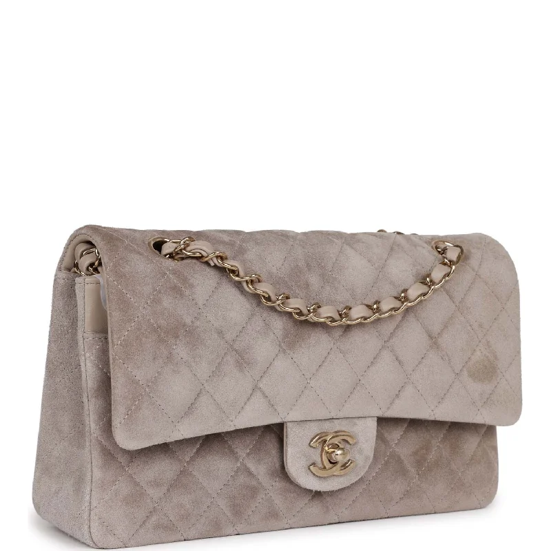 Chanel Medium Classic Double Flap Bag Grey Suede Light Gold Hardware