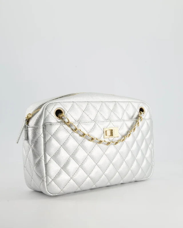 Chanel Metallic Silver Camera Bag in Lambskin With Brushed Gold Hardware