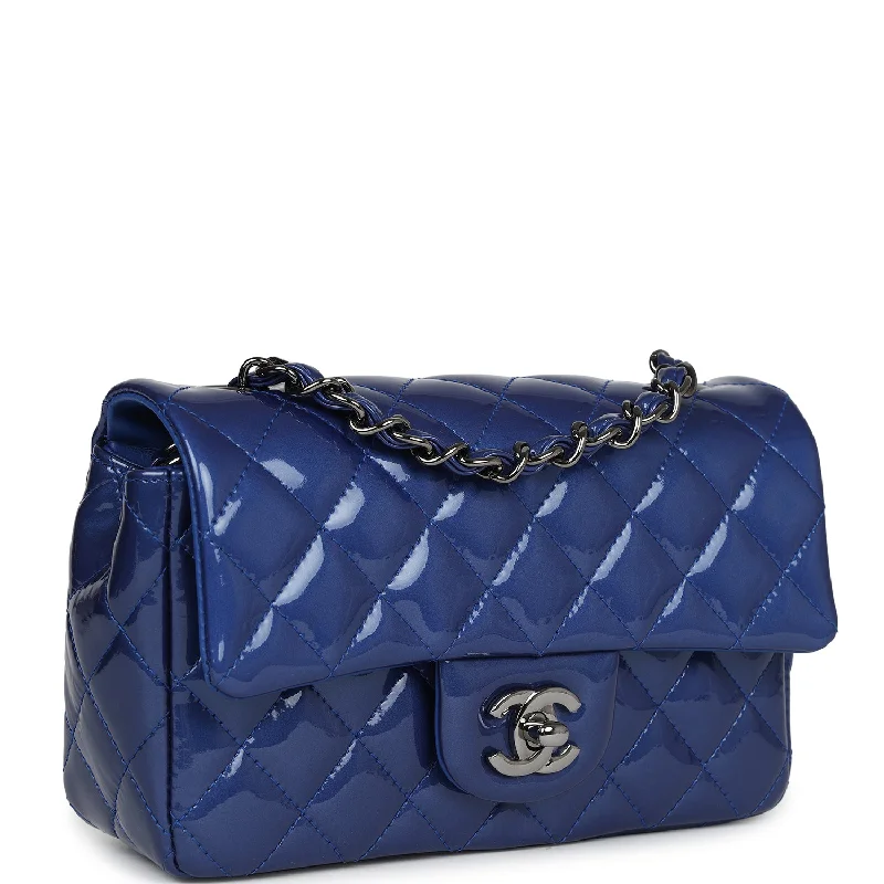 Chanel Mini Rectangular Flap Bag Blue Patent Ruthenium Hardware