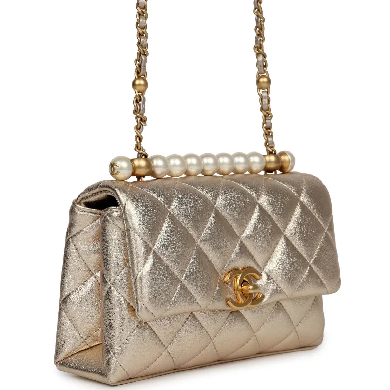 Chanel Mini Pearl Top Handle Flap Bag Metallic Gold Lambskin Brushed Gold Hardware