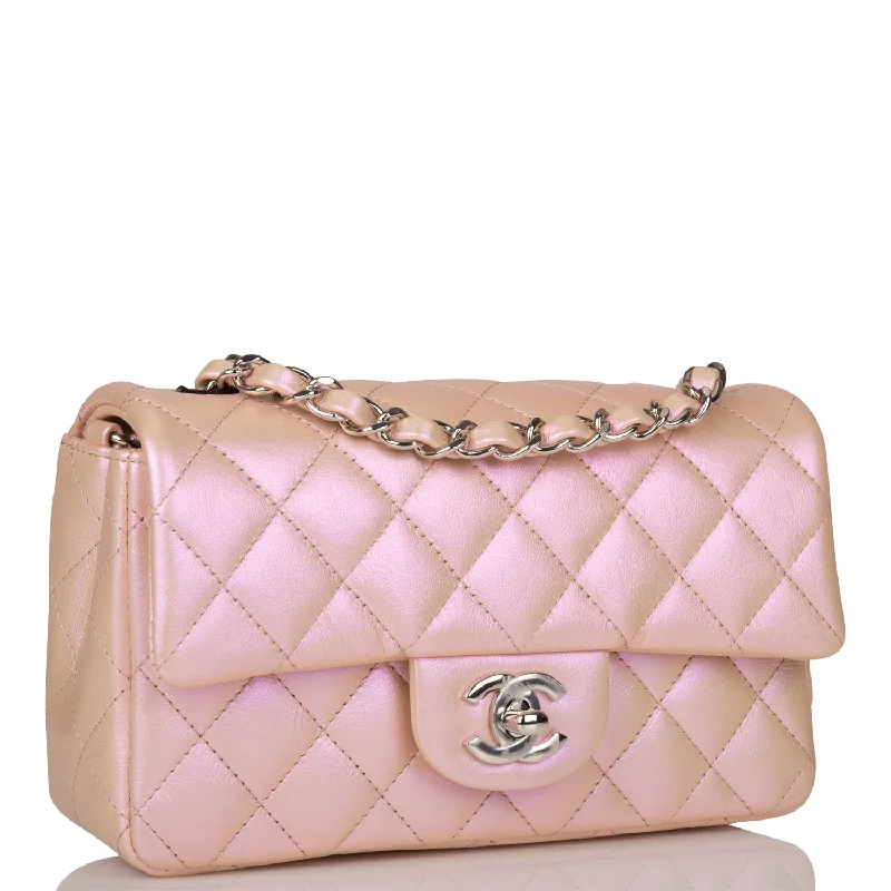 Chanel Mini Rectangular Flap Bag Pink Iridescent Lambskin Silver Hardware