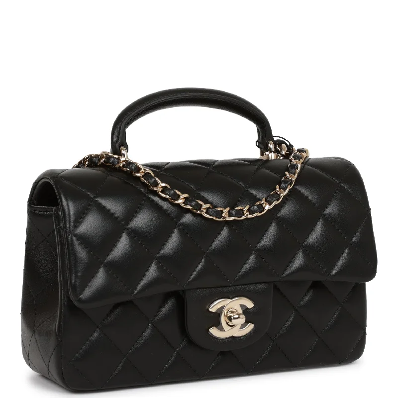 Chanel Mini Rectangular Flap Bag with Top Handle Black Lambskin Light Gold Hardware