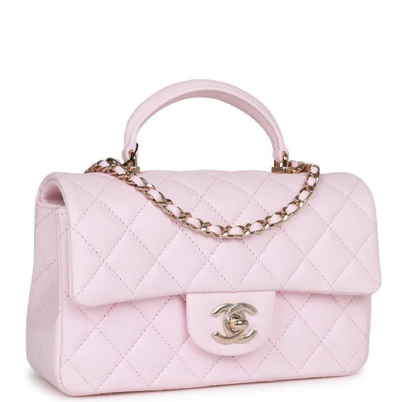 Chanel Mini Rectangular Flap Bag with Top Handle Light Pink Lambskin Light Gold Hardware