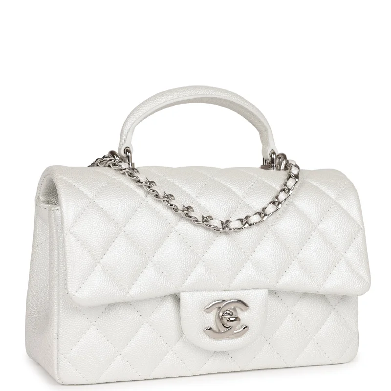 Chanel Mini Rectangular Top Handle Flap Bag White Iridescent Caviar Silver Hardware