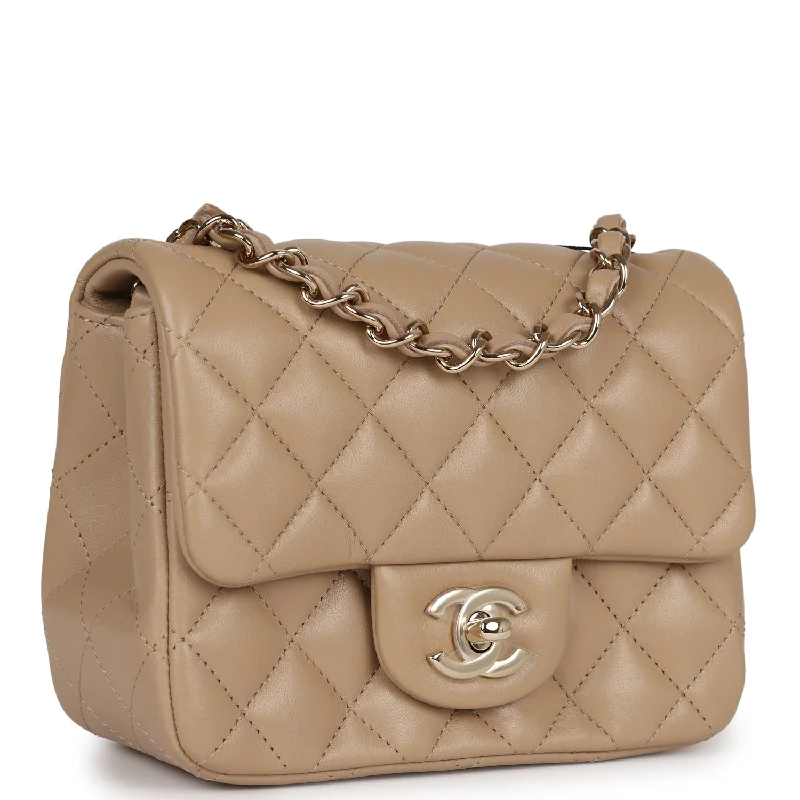 Chanel Mini Square Flap Bag Beige Lambskin Light Gold Hardware