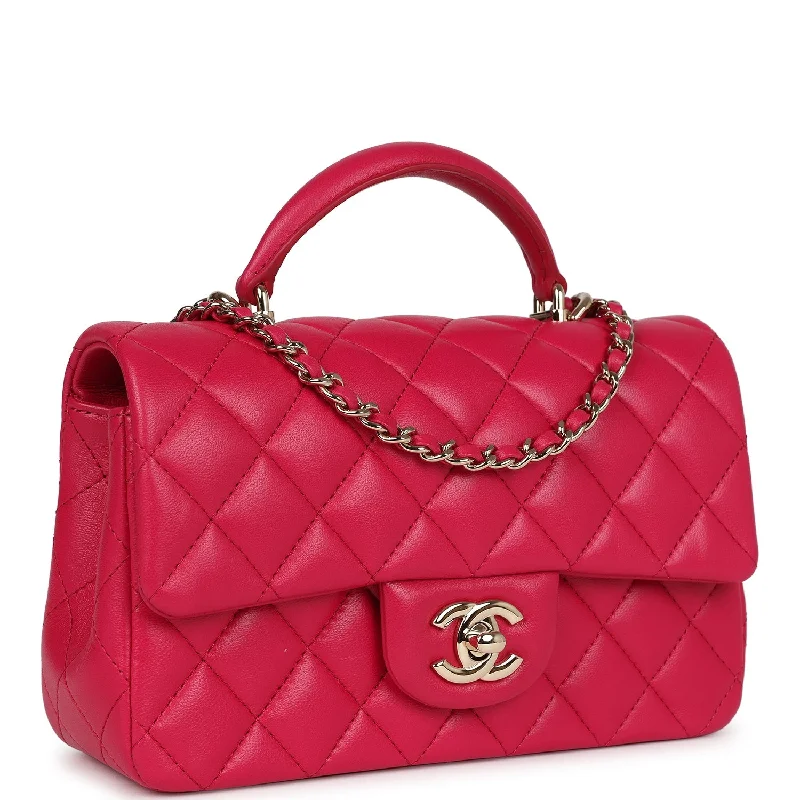 Chanel Mini Top Handle Rectangular Flap Bag Fuchsia Lambskin Light Gold Hardware