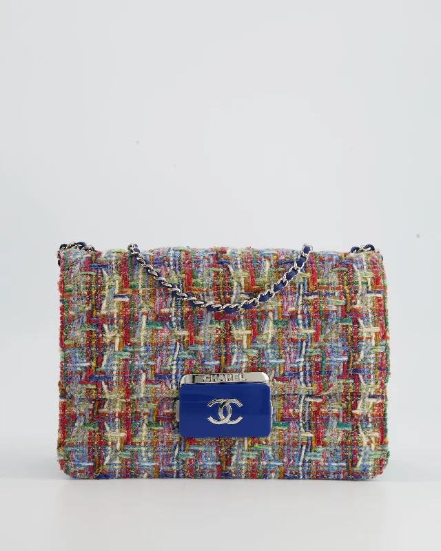 Chanel Multi-Colour Tweed Flap Bag with Electric Blue Lambskin Detail and Silver Hardware