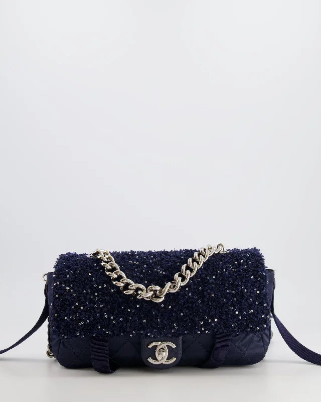 Chanel Navy Sequin Tweed and Nylon Astronaut Flap Bag with Silver Hardware