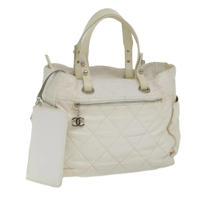 CHANEL Paris Biarritz Tote Bag Coated Canvas White CC  bs9935