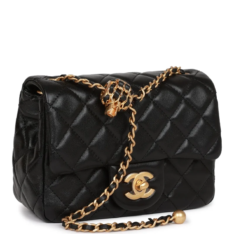 Chanel Pearl Crush Mini Square Flap Bag Black Lambskin Antique Gold Hardware