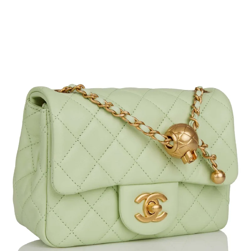 Chanel Pearl Crush Mini Square Flap Bag Light Green Lambskin Antique Gold Hardware