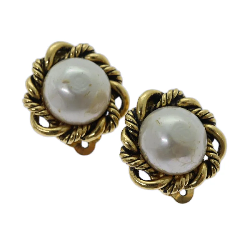 CHANEL Pearl Earring metal Gold CC  bs13495