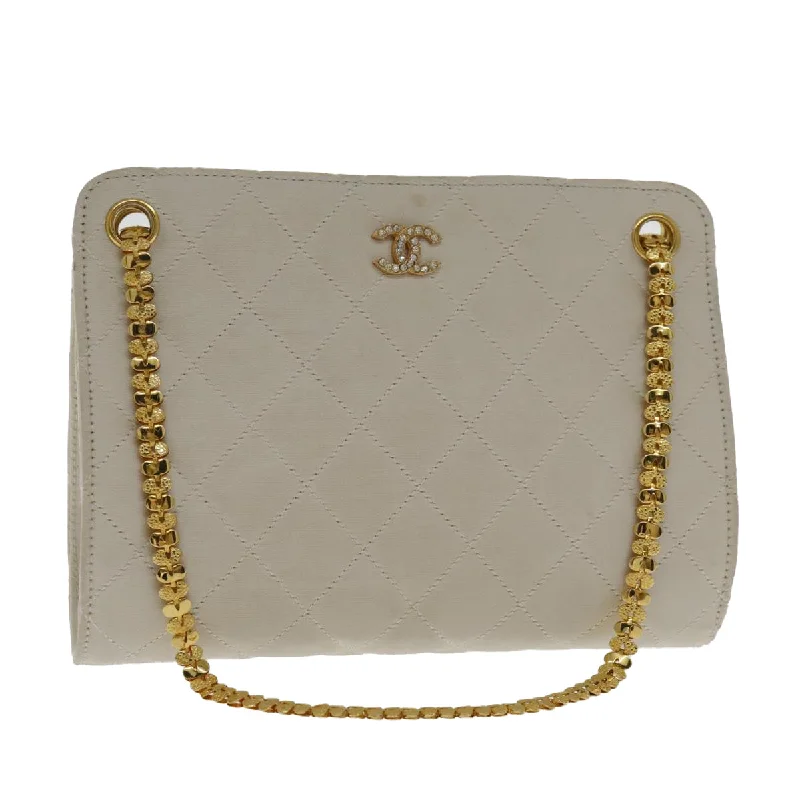 CHANEL Quilted Chain Shoulder Bag Nylon White Gold CC  94470