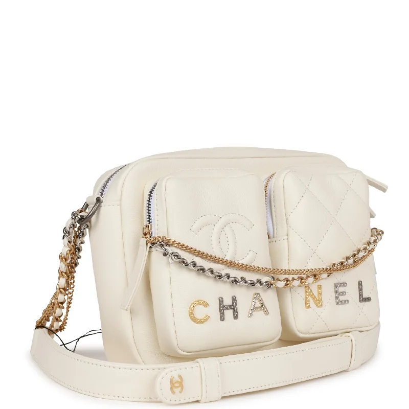 Chanel Small Camera Bag White Calfskin Mixed Metal Hardware