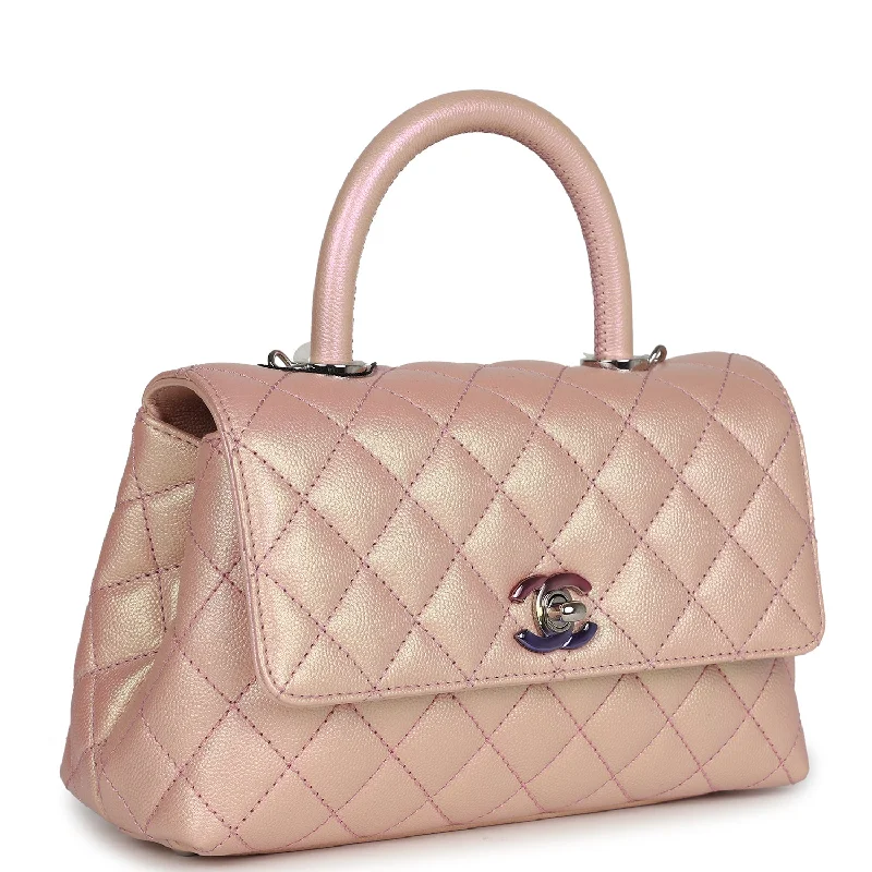 Chanel Small Coco Handle Flap Bag Light Pink Iridescent Caviar Silver Hardware