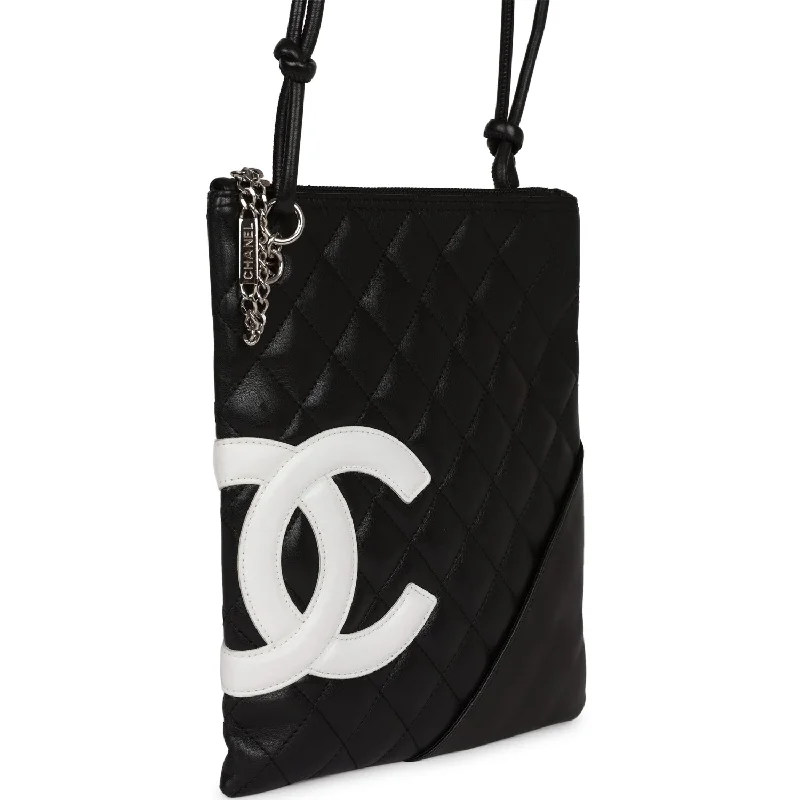 Chanel Vintage Cambon Flat Messenger Black and White Lambskin Silver Hardware