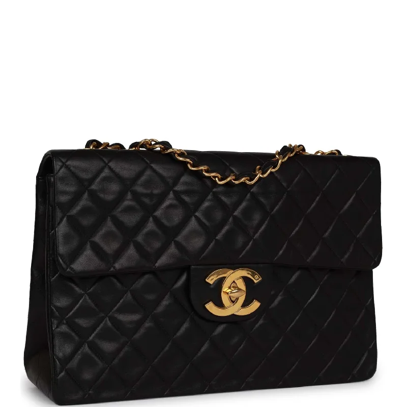 Chanel Vintage XL Jumbo Flap Bag Black Lambskin Gold Hardware