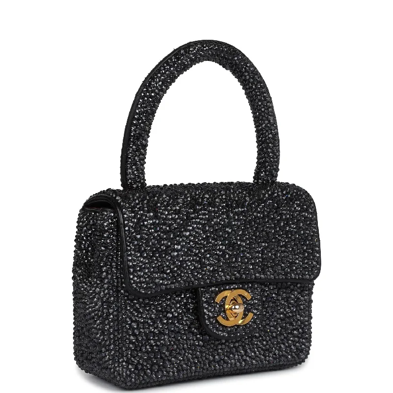 Custom Black Swarovski Crystal Chanel Vintage Mini Kelly Flap Bag Black Lambskin Gold Hardware