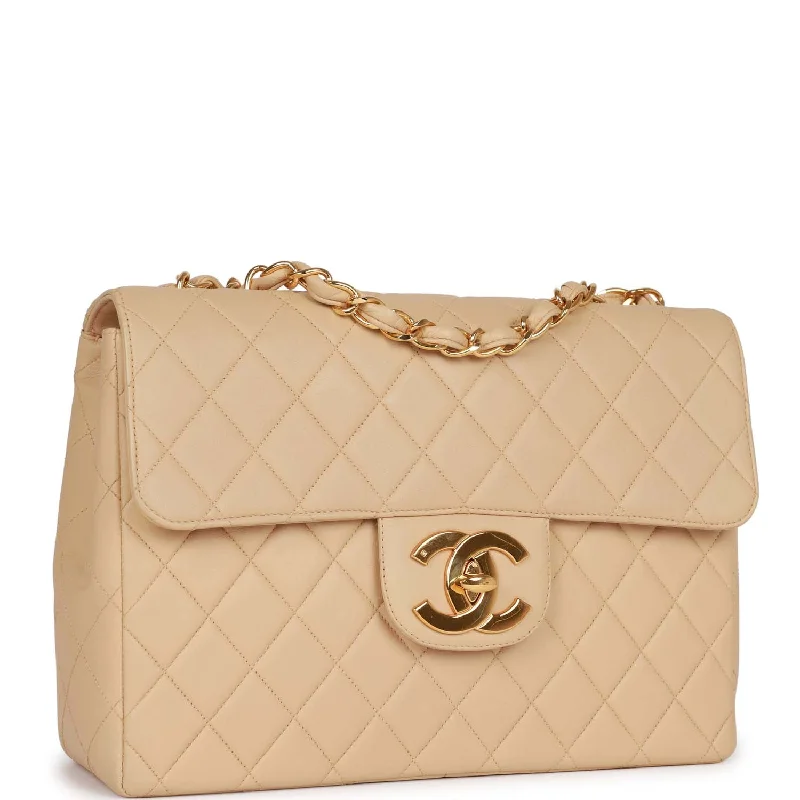 Chanel Vintage Jumbo Flap Bag Beige Lambskin Gold Hardware