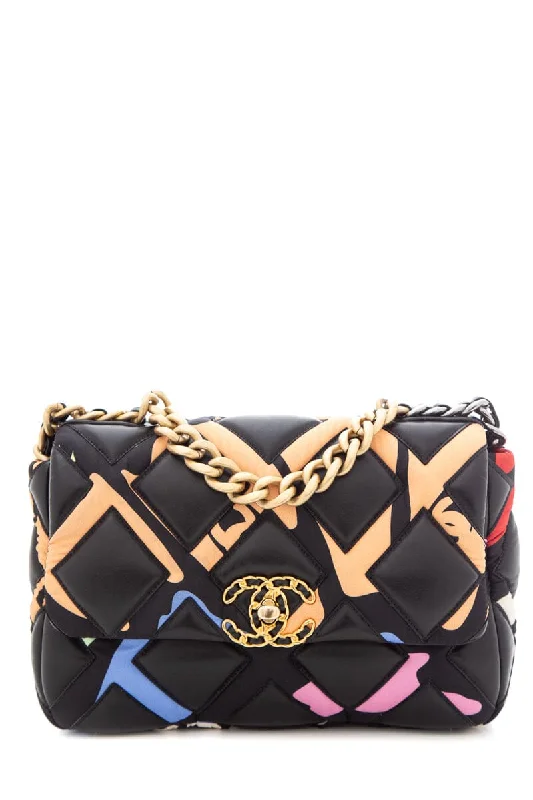 Chanel 19 Black Multicolor Printed Fabric &  Lambskin Handbag