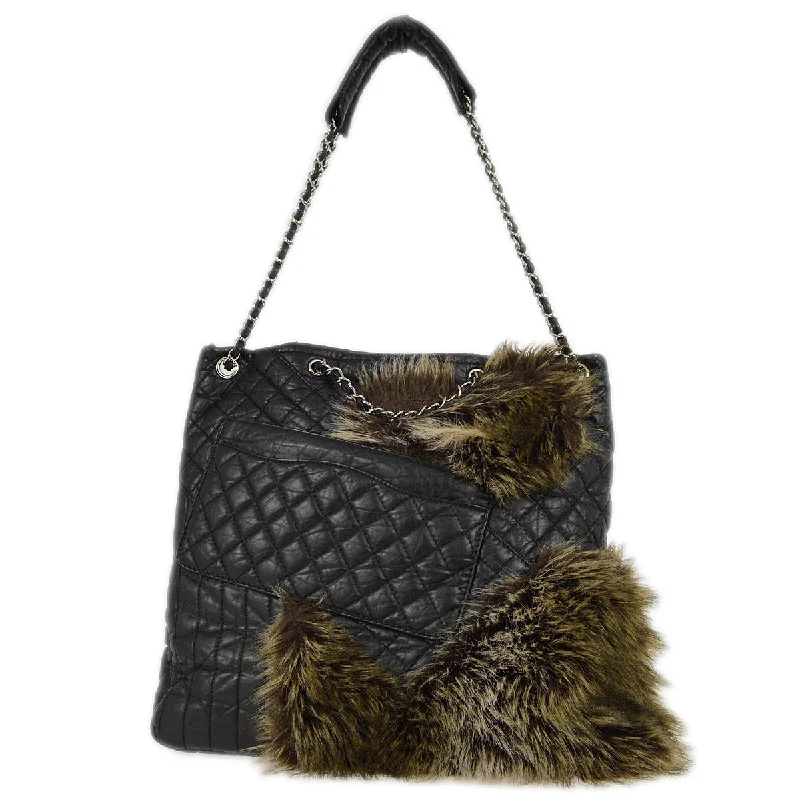 Chanel Black Calfskin Fur Mademoiselle Lock 2way Tote Handbag