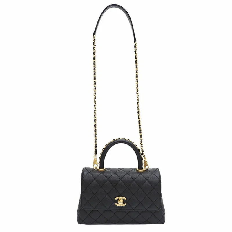 CHANEL Coco Handle Handbag Black A92990 Caviar Skin Women's