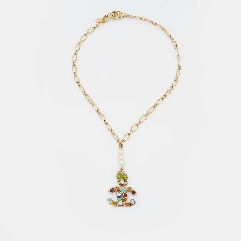 Chanel Gold Tone Multicolor Crystal Embedded CC Charm Necklace